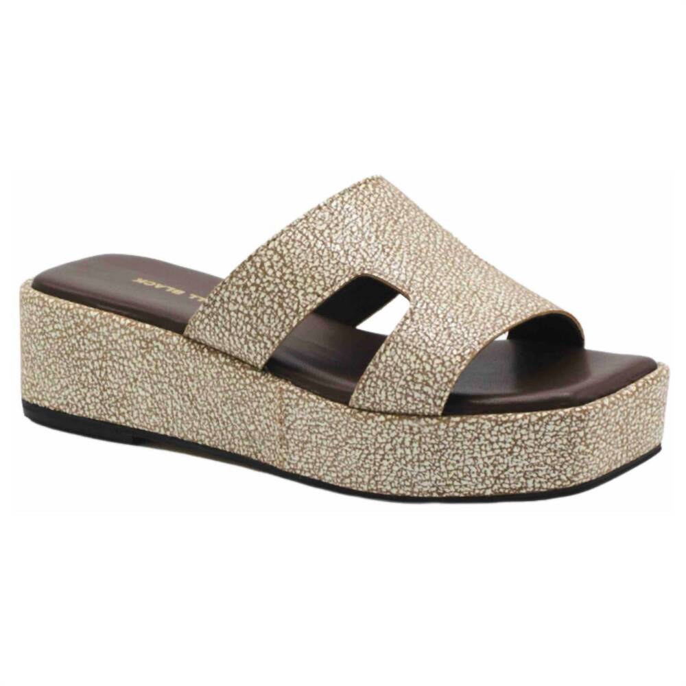 NEW ALL BLACK women's blunt t wedge sandal in warm silver